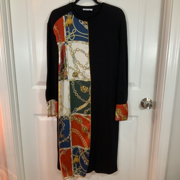 Zara Scarf Chain Satin Print Black Long Sleeve Midi Sheath Dress Size Small - Picture 4 of 10
